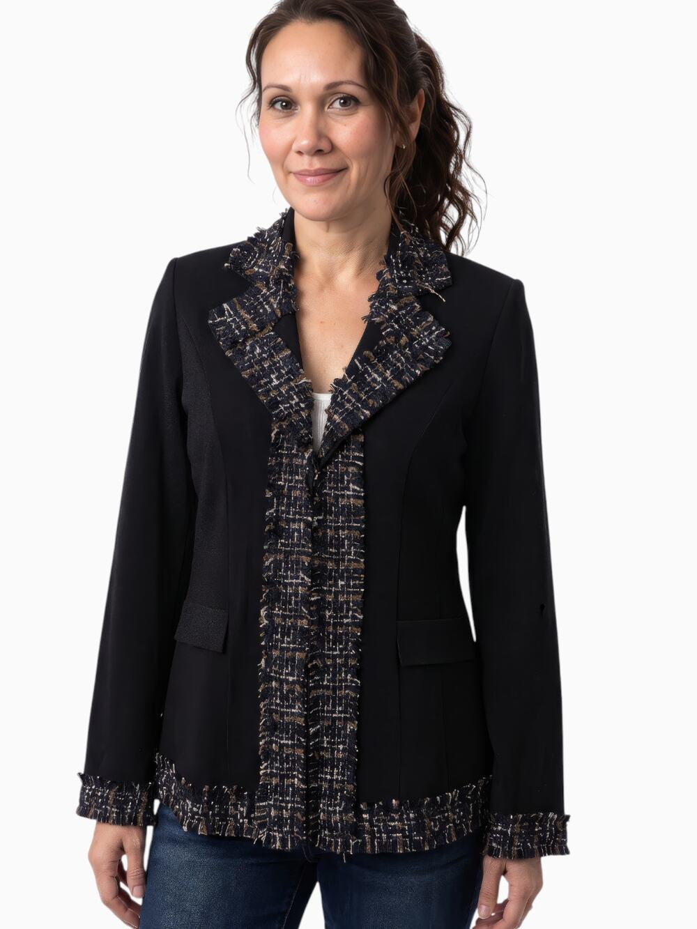 Misook Black Blazer Jacket With Brown Navy Tweed Trim Sparkle S